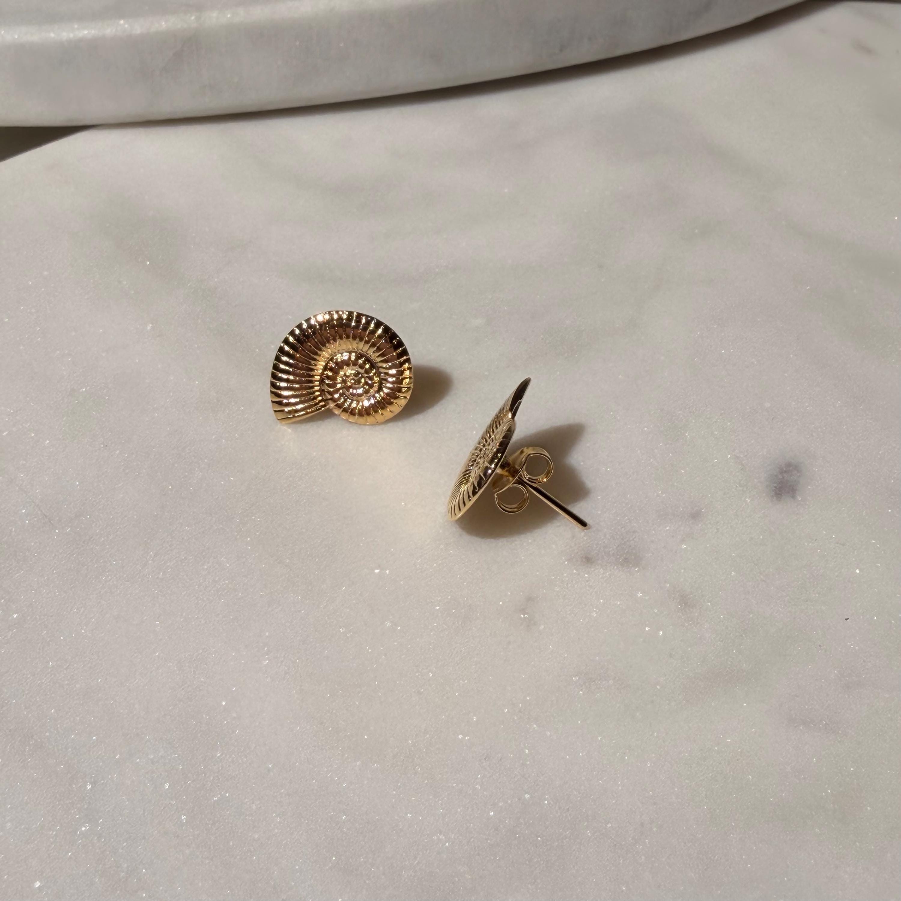 18K Gold Filled Ammonite Shell Stud Earrings, Waterproof Tarnish Resistant