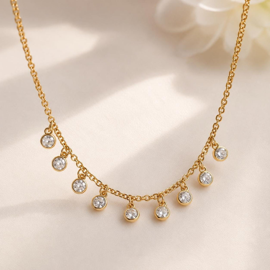 18K Gold Filled Rolo Dangling Clear Bezeled Czs, Waterproof Tarnish Resistant Everyday Jewelry Necklace 16+2" Inches