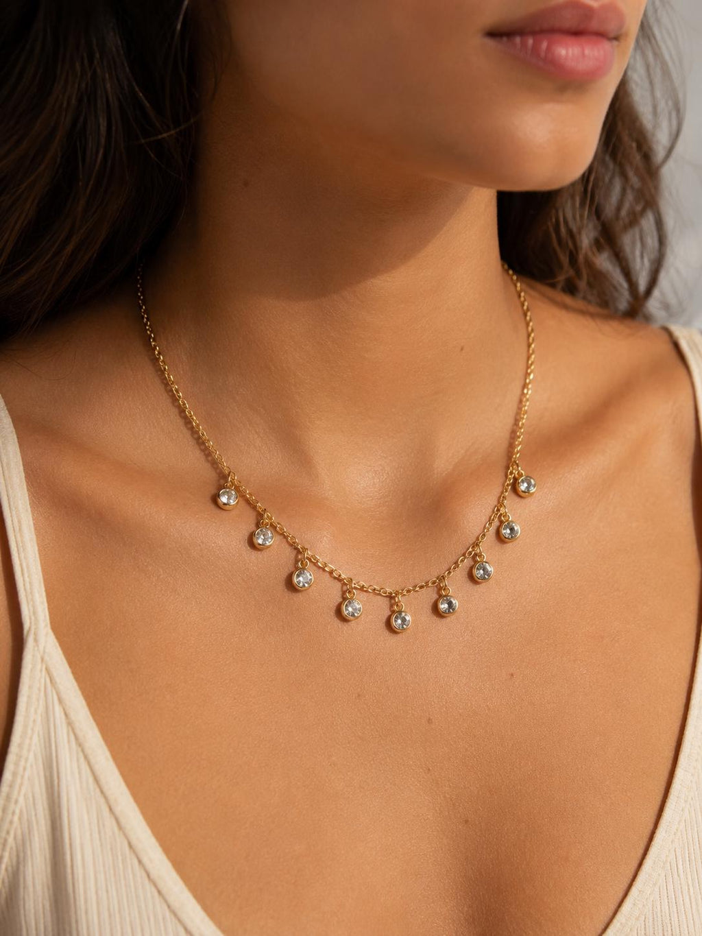 18K Gold Filled Rolo Dangling Clear Bezeled Czs, Waterproof Tarnish Resistant Everyday Jewelry Necklace 16+2" Inches