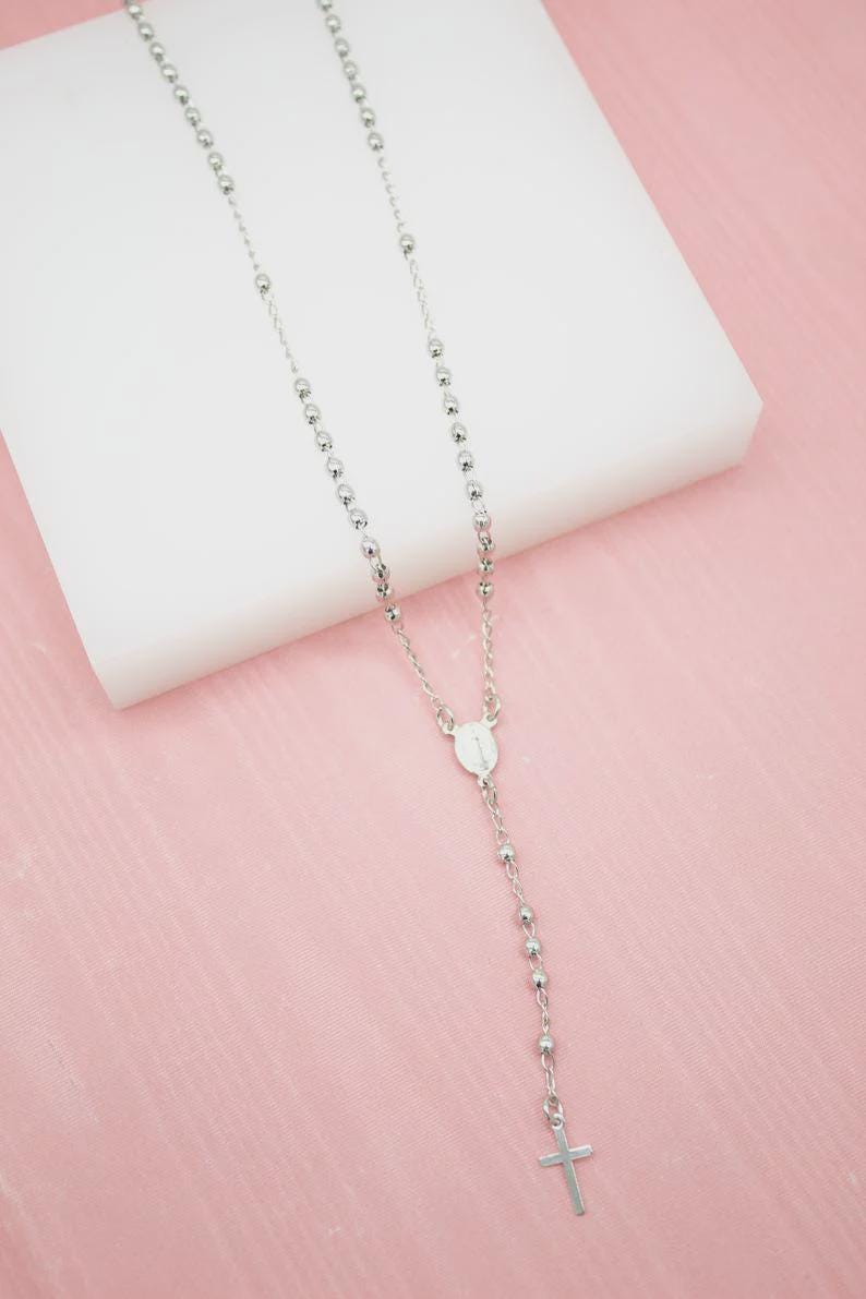 18K Gold Filled Rosary Necklace, Catholic Miraculous Medal Crucifix, Waterproof Tarnish Resistant