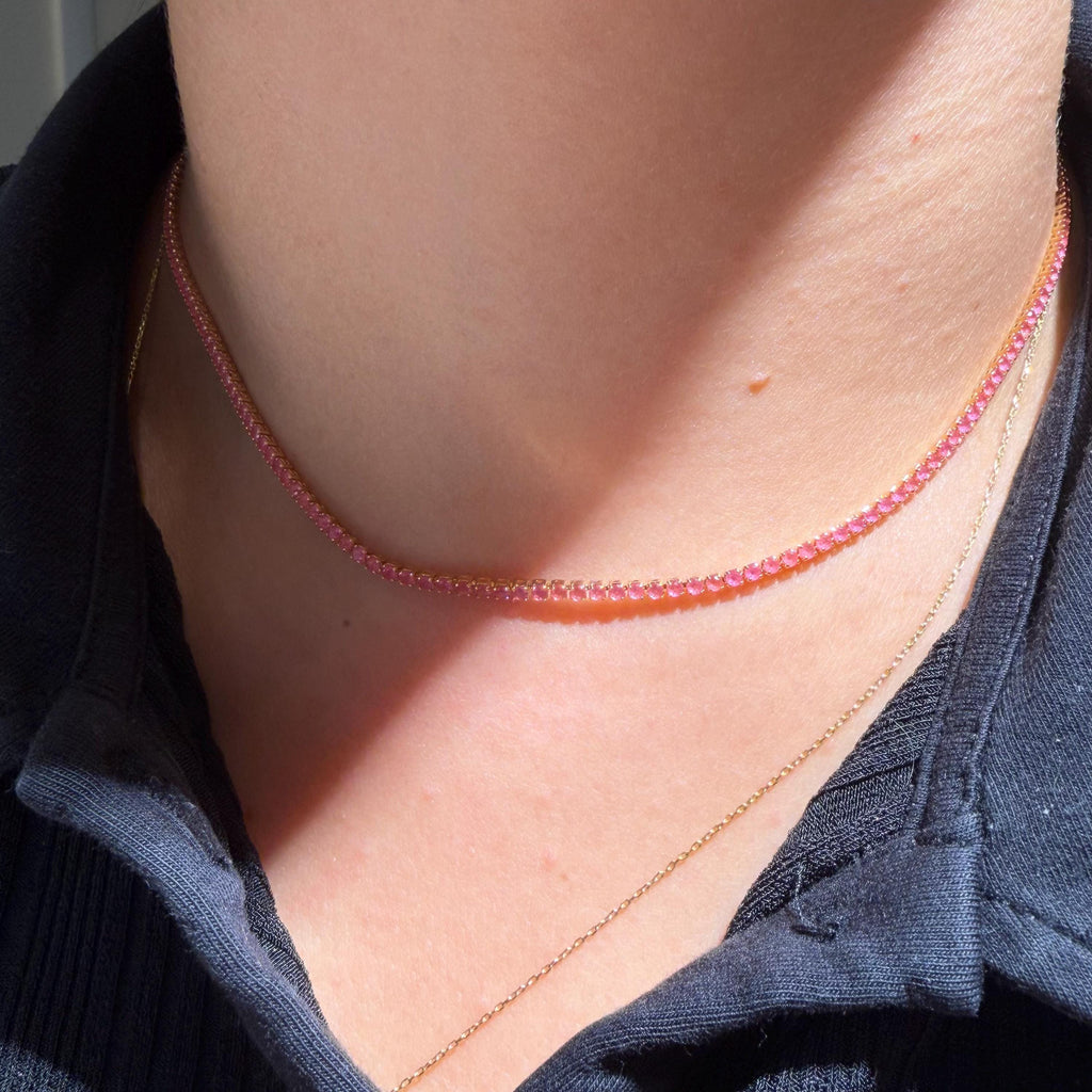 Pink Cubic Zirconia Tennis Necklace, 18K Gold Filled, Minimalist Everyday Jewelry