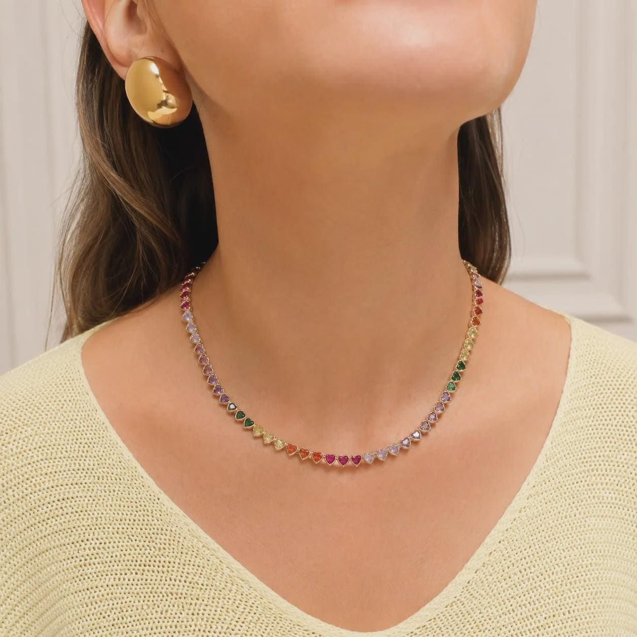Bezeled Heart Tennis Gold Chain Necklace with Rainbow Crystals , 18K Brazilian Gold Filled Yellow 16"