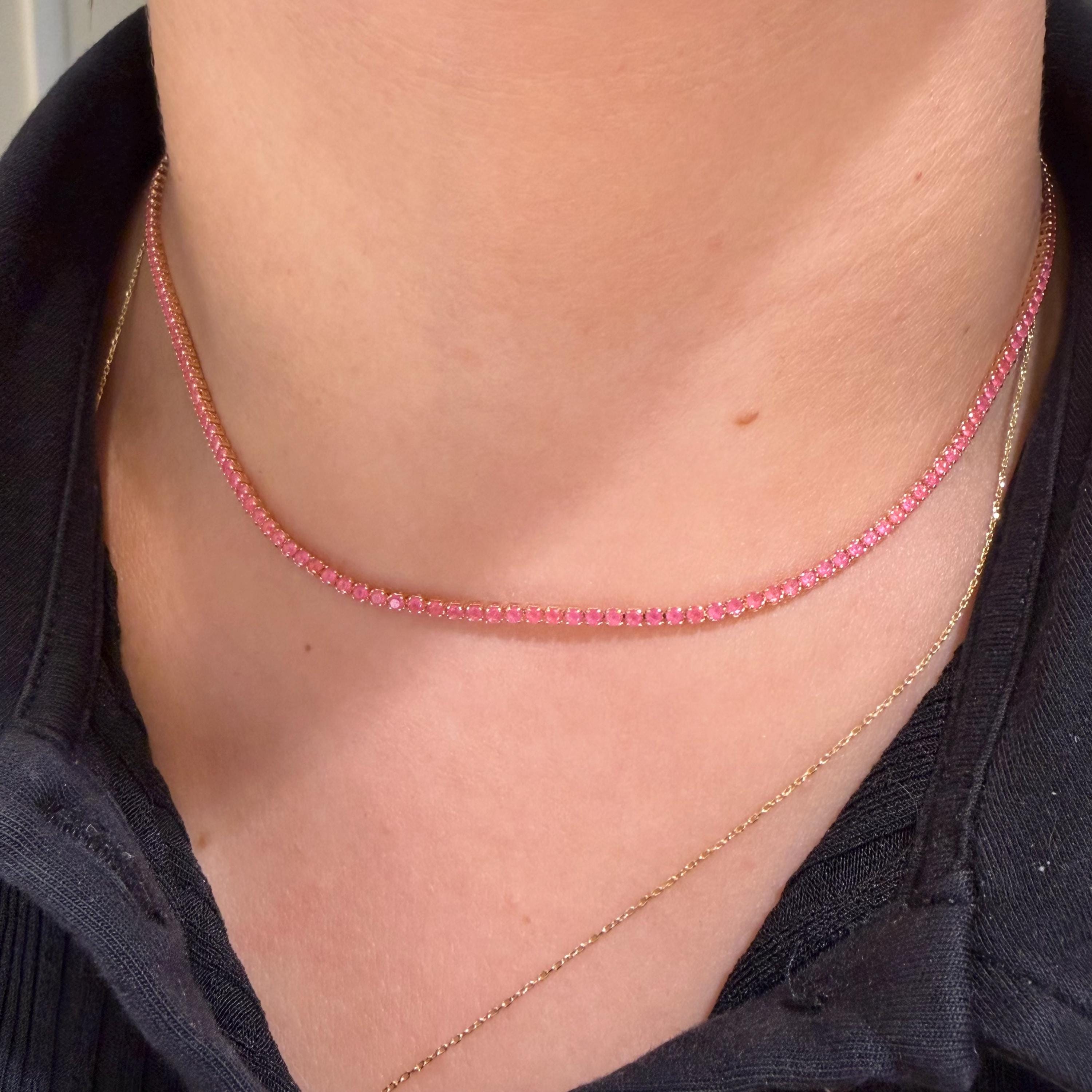 Pink Cubic Zirconia Tennis Necklace, 18K Gold Filled, Minimalist Everyday Jewelry