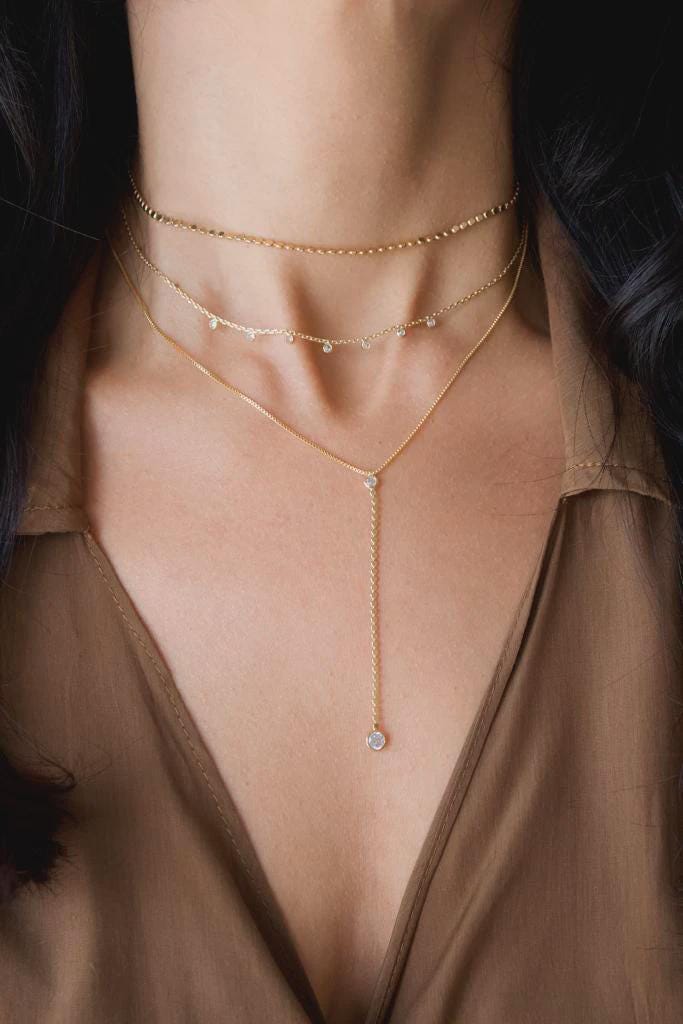 18K Gold Filled CZ Dangle Lariat Chain Necklace, Waterproof Tarnish Resistant Everyday Jewelry 15" Inches