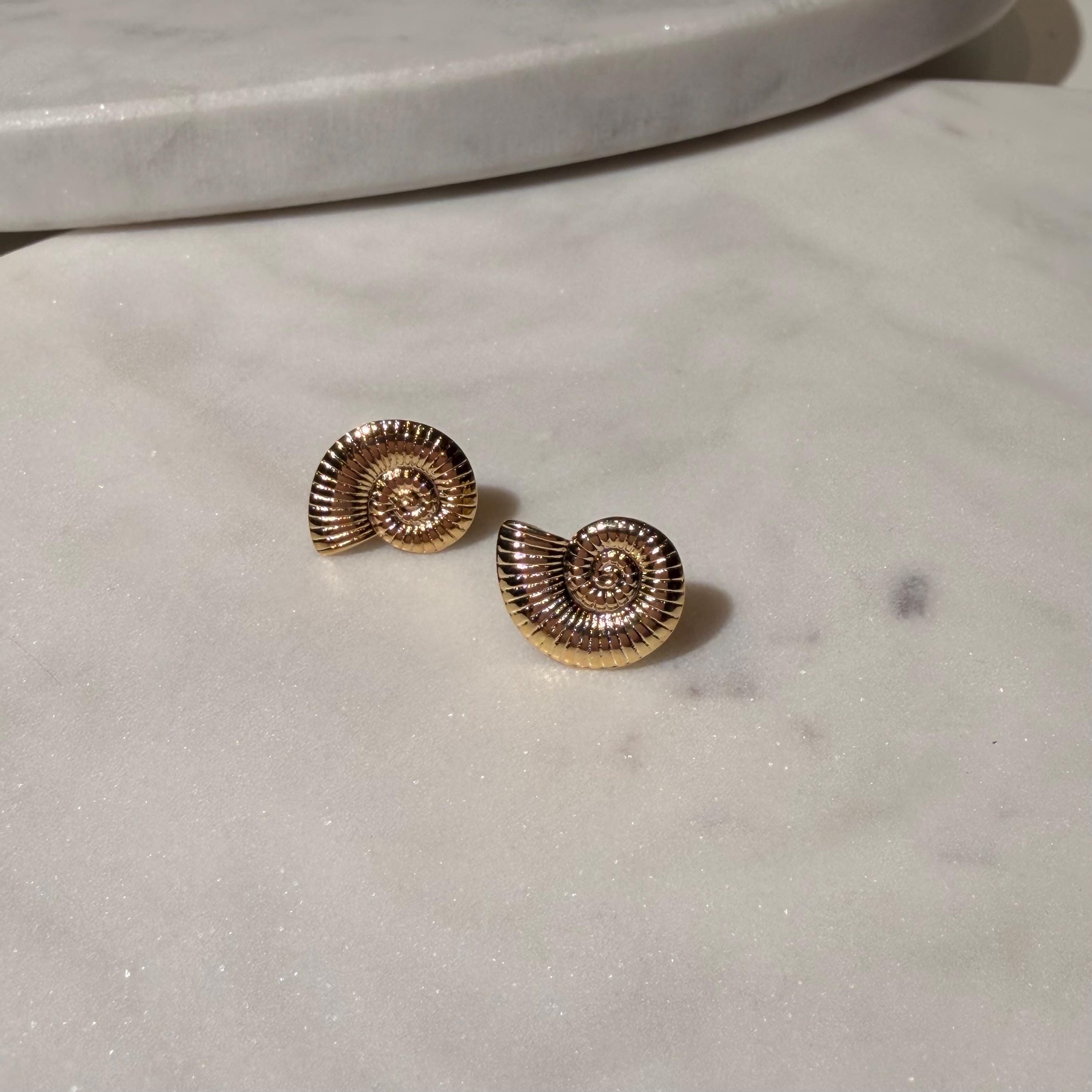 18K Gold Filled Ammonite Shell Stud Earrings, Waterproof Tarnish Resistant