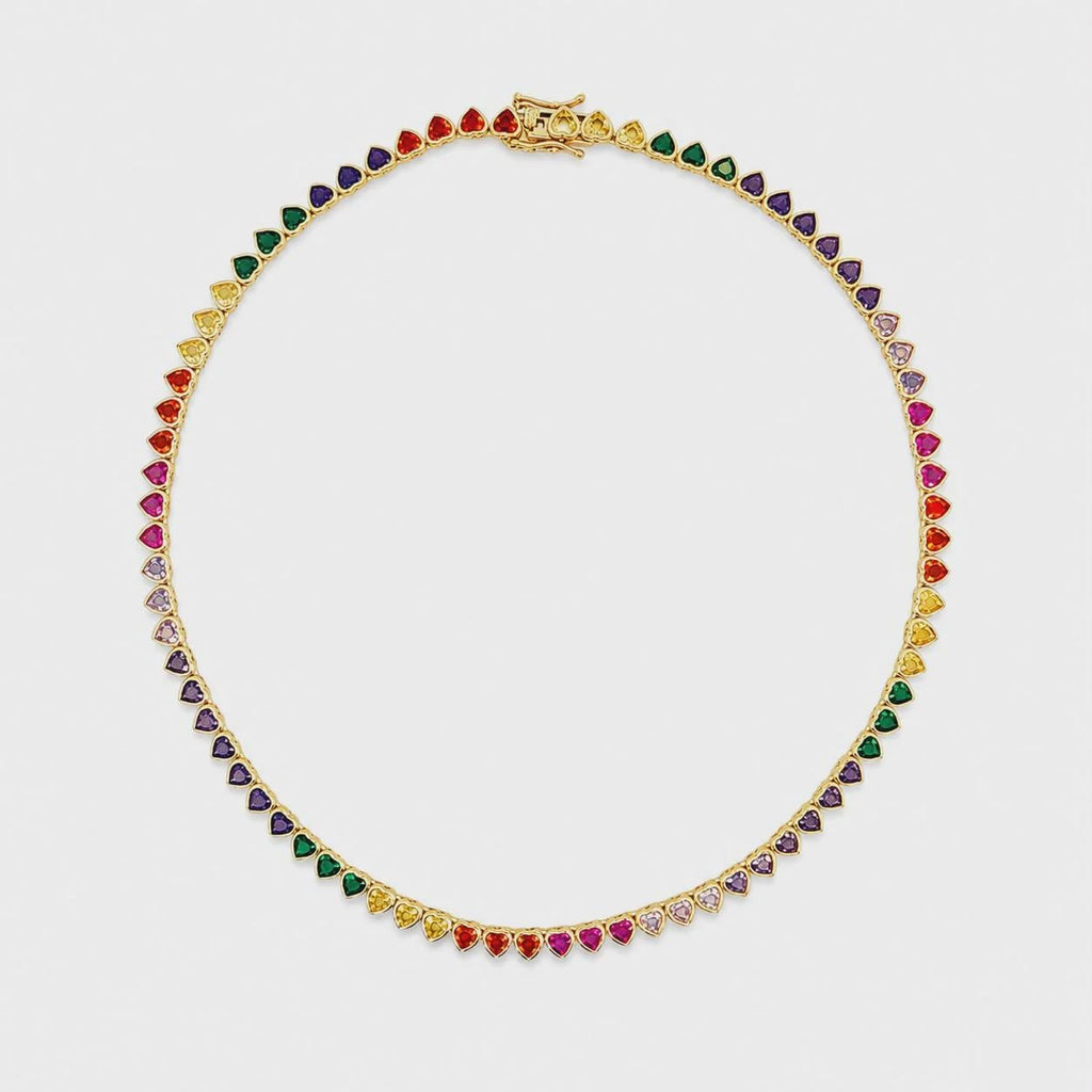 Bezeled Heart Tennis Gold Chain Necklace with Rainbow Crystals , 18K Brazilian Gold Filled Yellow 16"