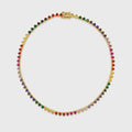 Bezeled Heart Tennis Gold Chain Necklace with Rainbow Crystals , 18K Brazilian Gold Filled Yellow 16"