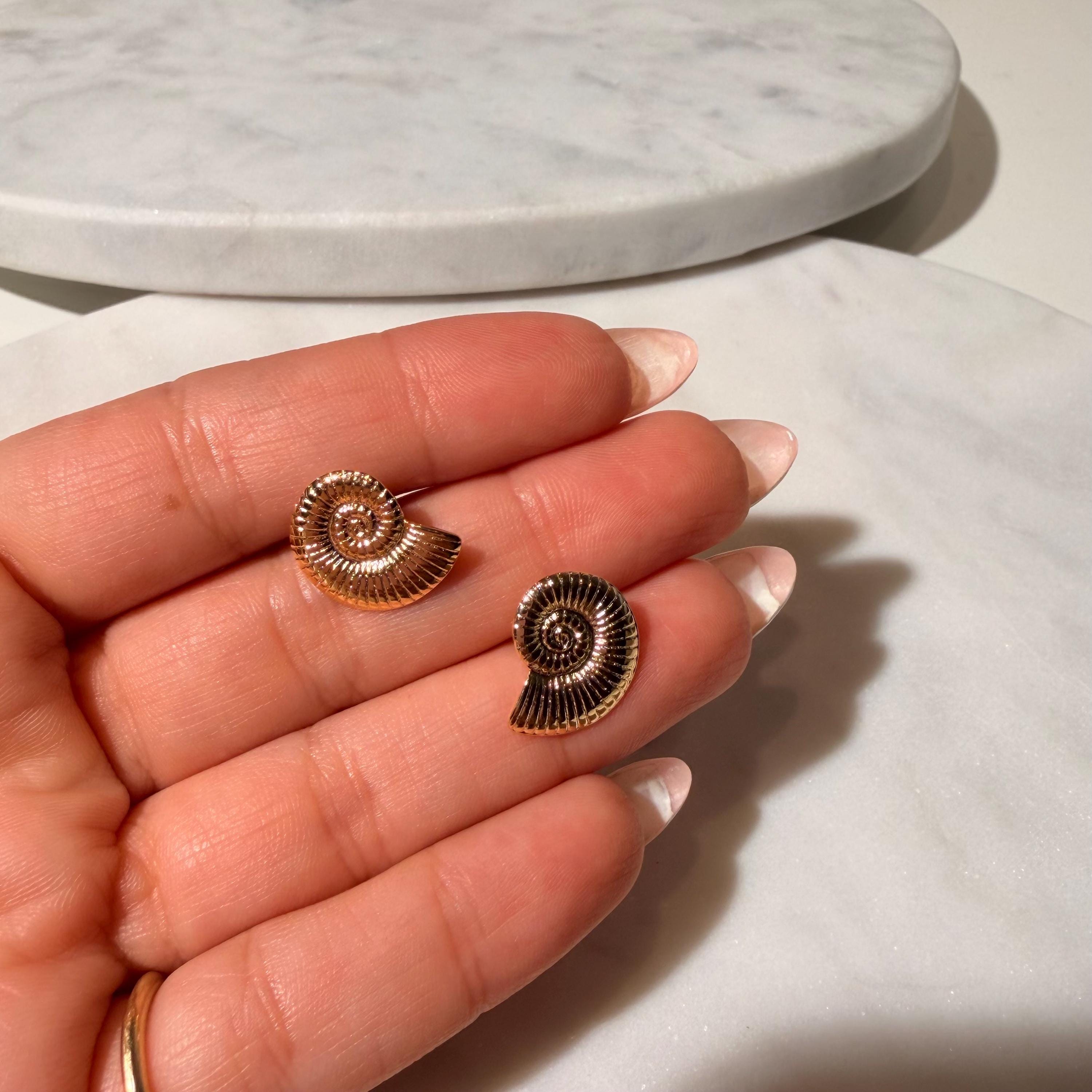 18K Gold Filled Ammonite Shell Stud Earrings, Waterproof Tarnish Resistant