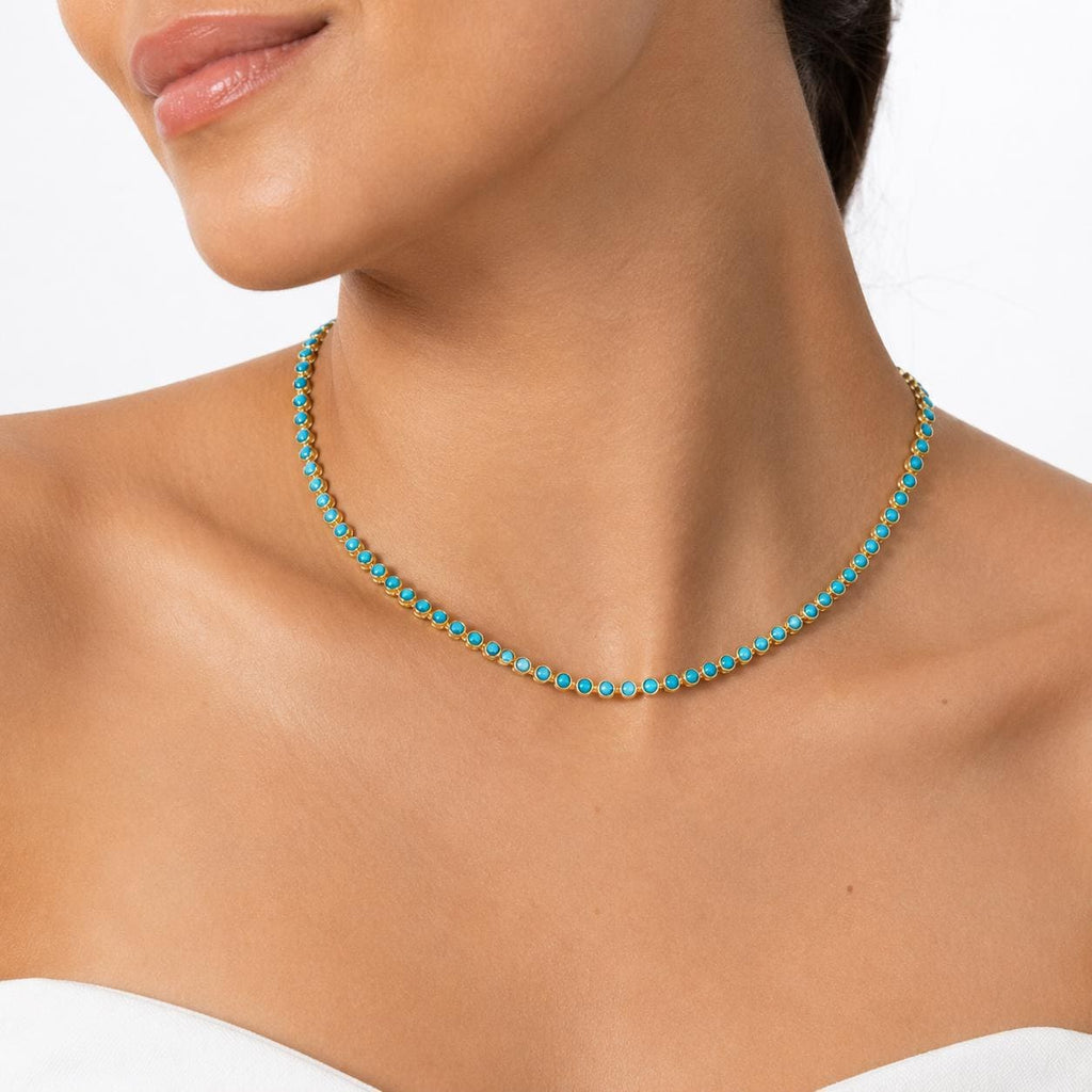 Bezeled Tennis Gold Chain Necklace with Turqouise, 18K Brazilian Gold Filled Yellow 16-18"