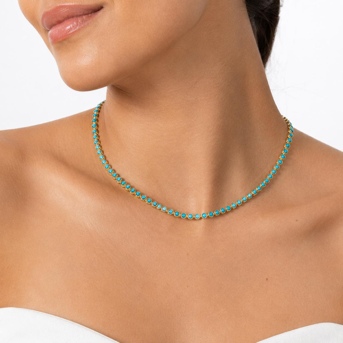 Bezeled Tennis Gold Chain Necklace with Turqouise, 18K Brazilian Gold Filled Yellow 16-18"