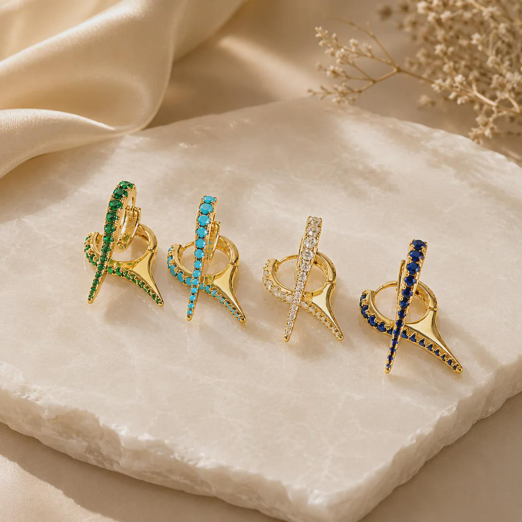 18K Gold Filled Colorful CZ Spike Earrings Huggies , Waterproof Tarnish Resistant