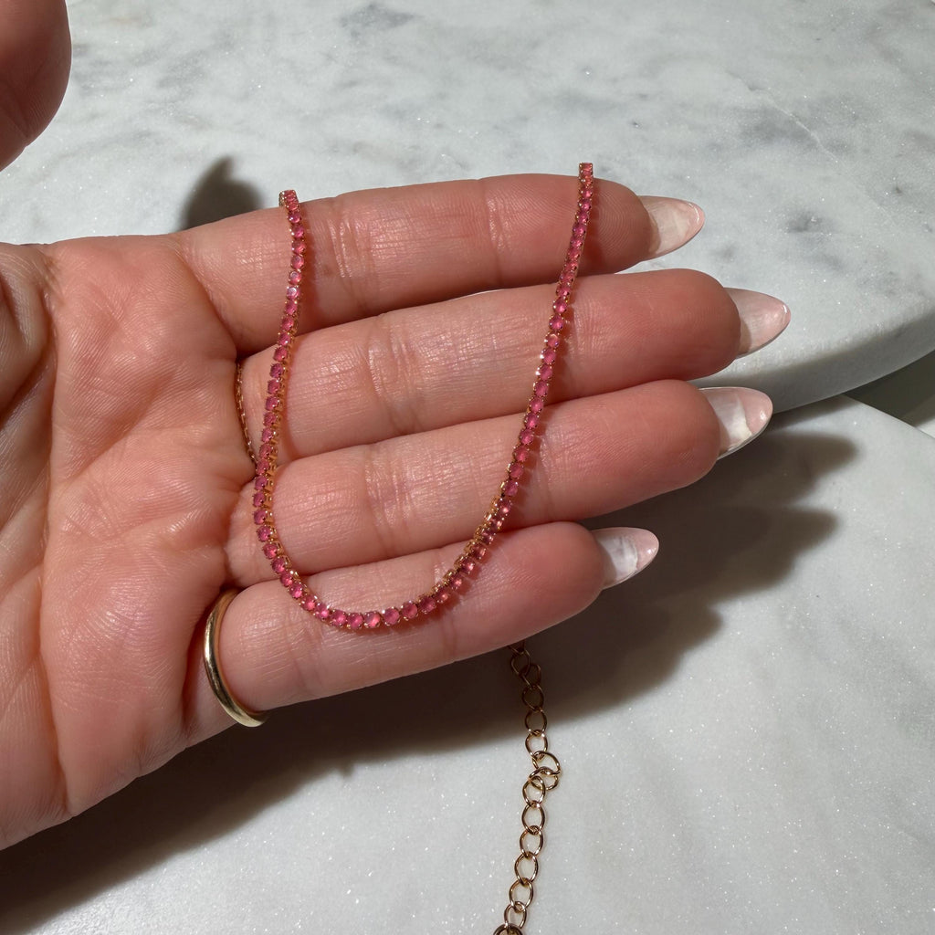 Pink Cubic Zirconia Tennis Necklace, 18K Gold Filled, Minimalist Everyday Jewelry
