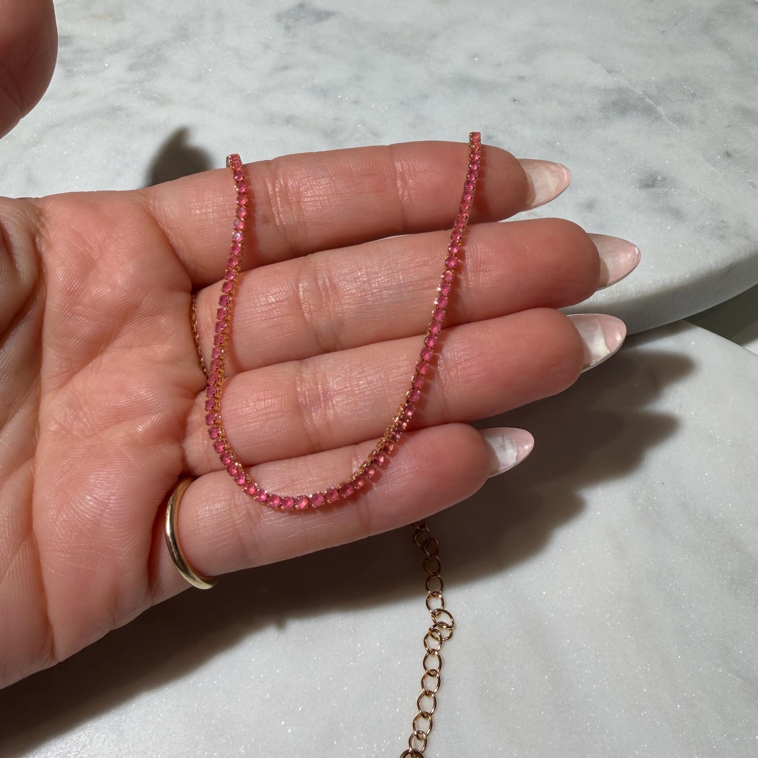 Pink Cubic Zirconia Tennis Necklace, 18K Gold Filled, Minimalist Everyday Jewelry