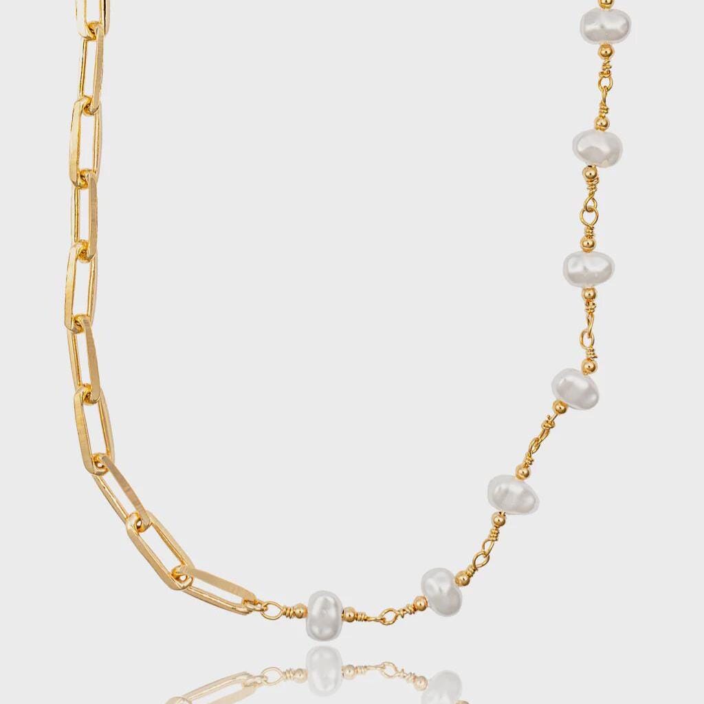 18K Gold Filled Paper Clip Pearl  Necklace, Waterproof Tarnish Resistant Everyday Jewelry 16-18" Inches