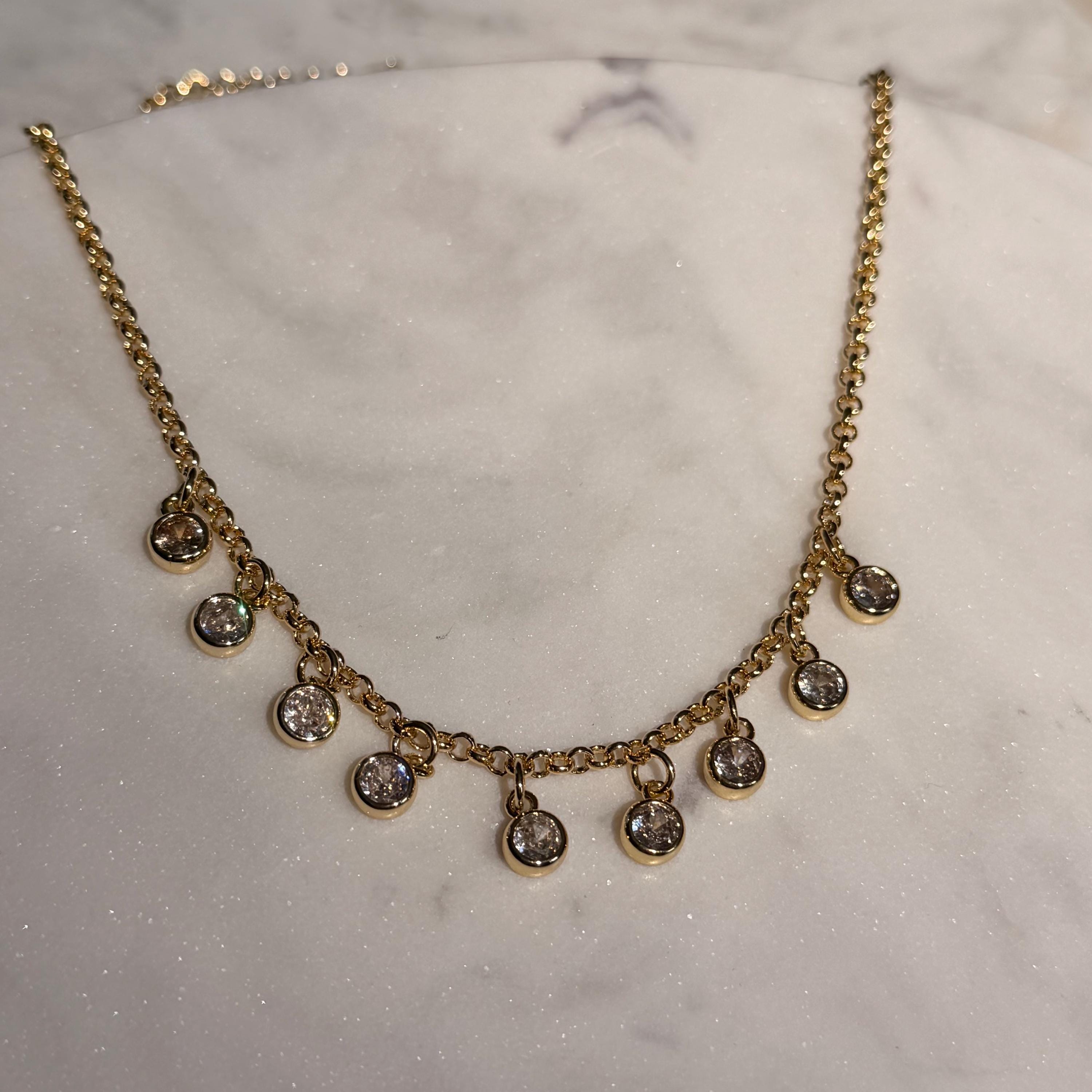 18K Gold Filled Rolo Dangling Clear Bezeled Czs, Waterproof Tarnish Resistant Everyday Jewelry Necklace 16+2" Inches