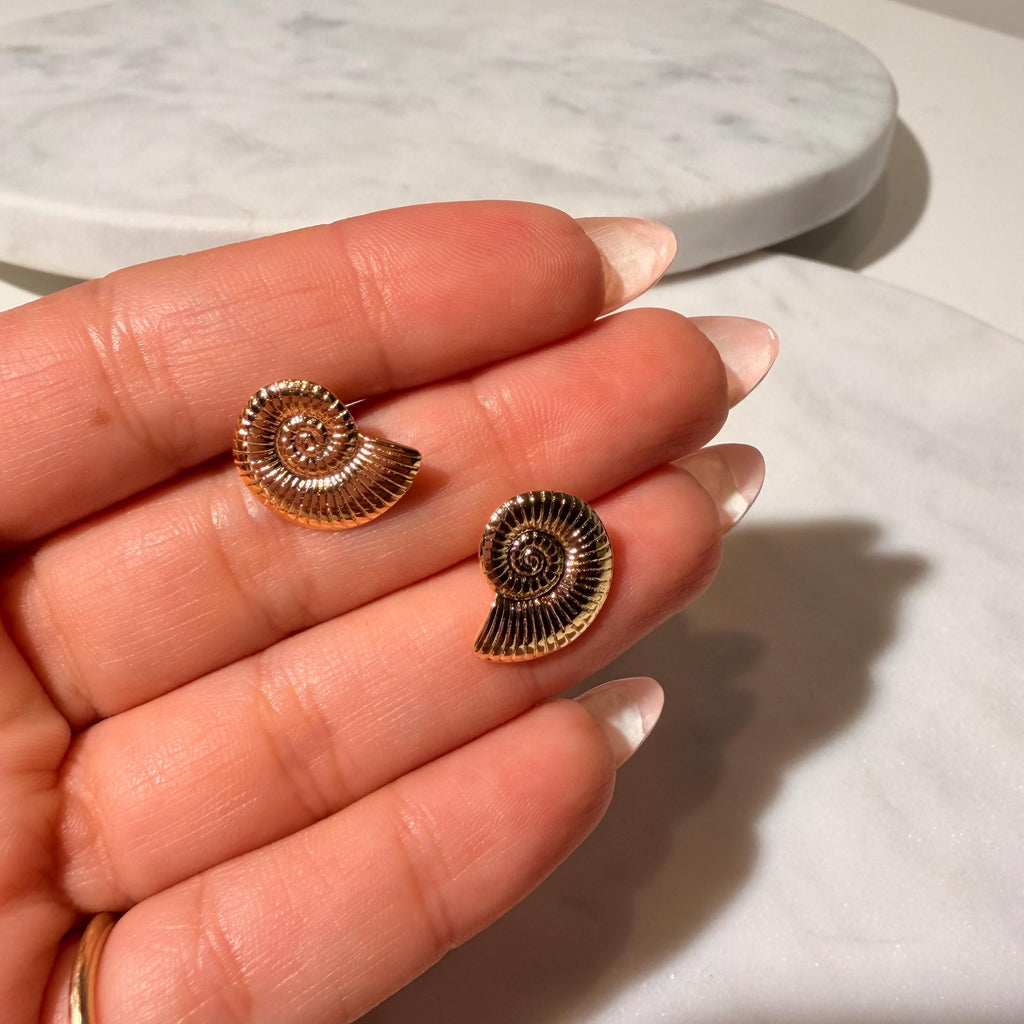 18K Gold Filled Ammonite Shell Stud Earrings, Waterproof Tarnish Resistant