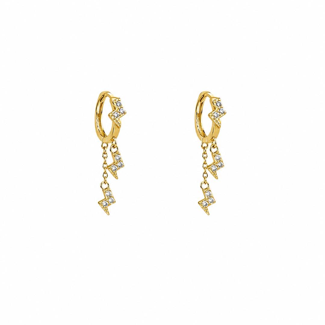 18K Gold Filled  Pavé Lightning Bolt Hoop Huggies Waterproof Tarnish Resistant Earrings