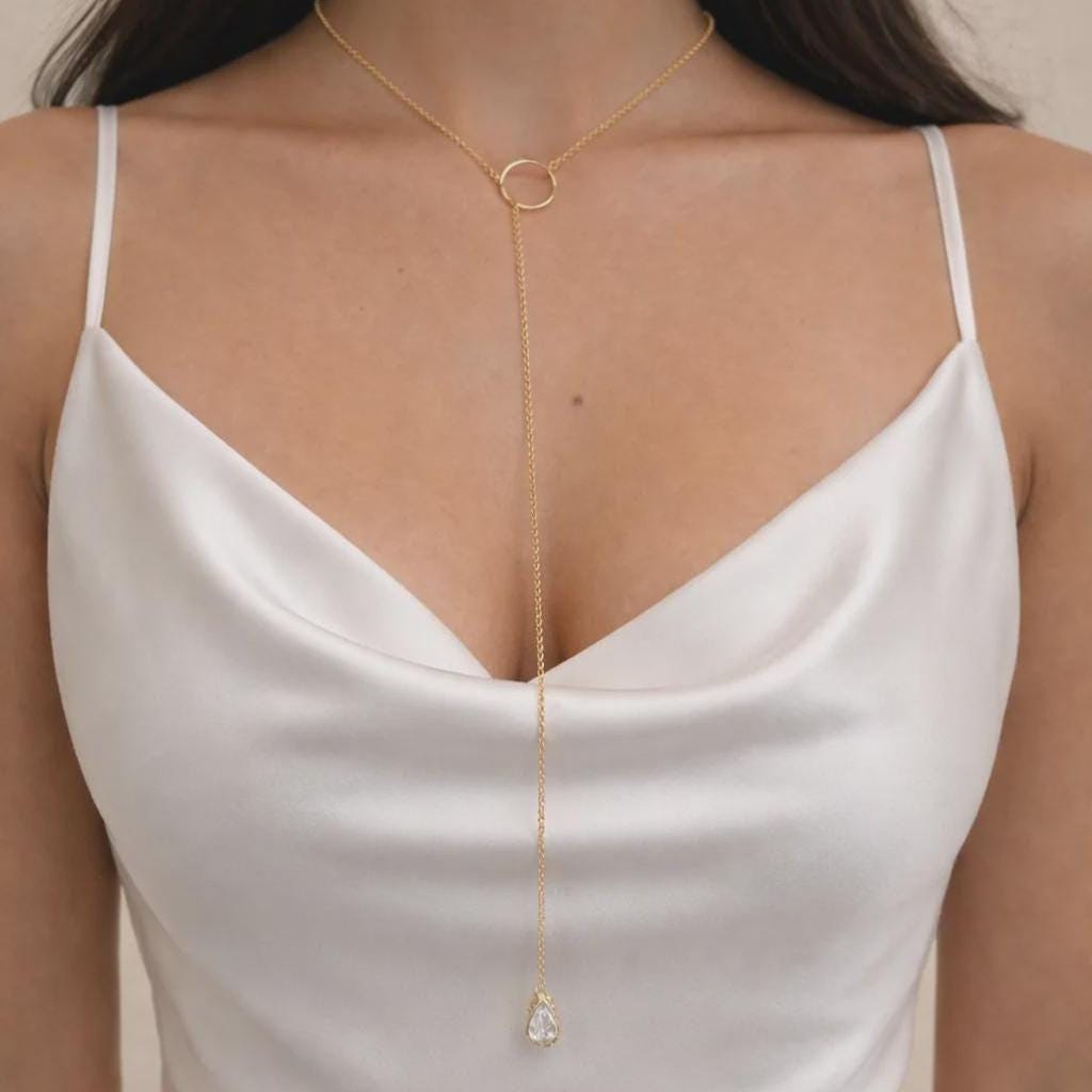 18K Gold Filled Pear CZ Dangle Lariat Chain Necklace, Waterproof Tarnish Resistant Everyday Jewelry