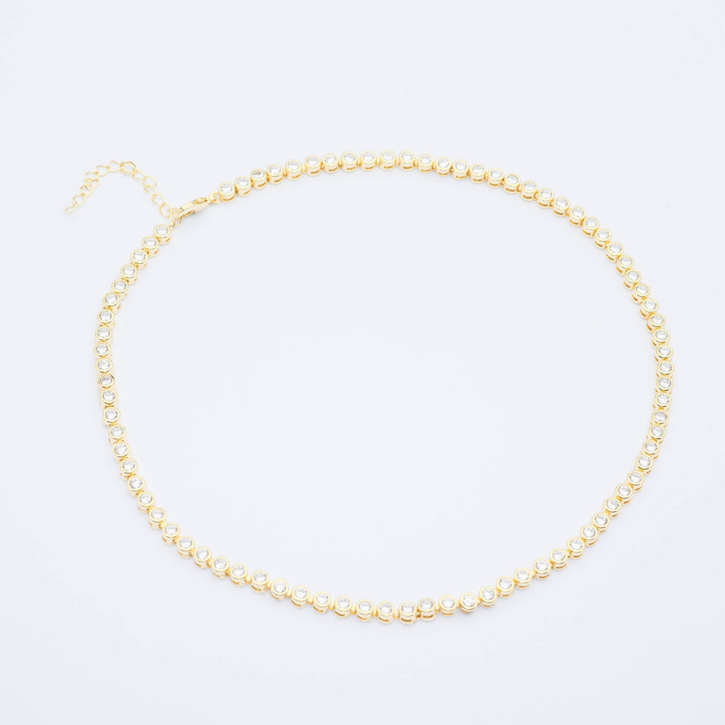 Bezeled Tennis Gold Chain Necklace with Clear Crystals , 18K Brazilian Gold Filled Yellow 16-18"