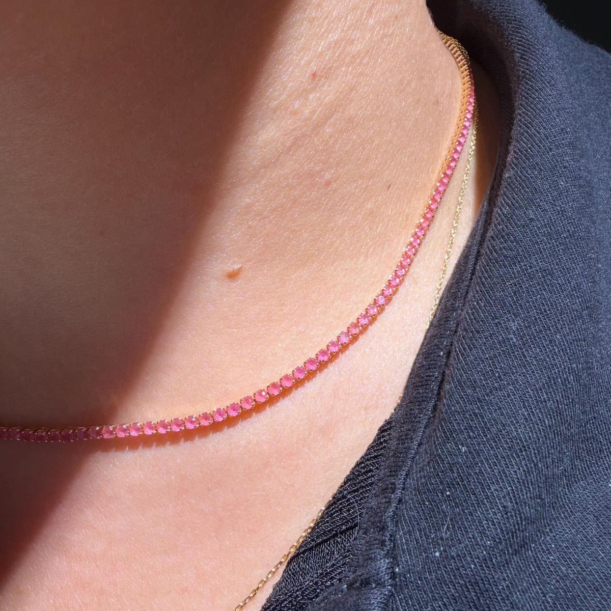Pink Cubic Zirconia Tennis Necklace, 18K Gold Filled, Minimalist Everyday Jewelry