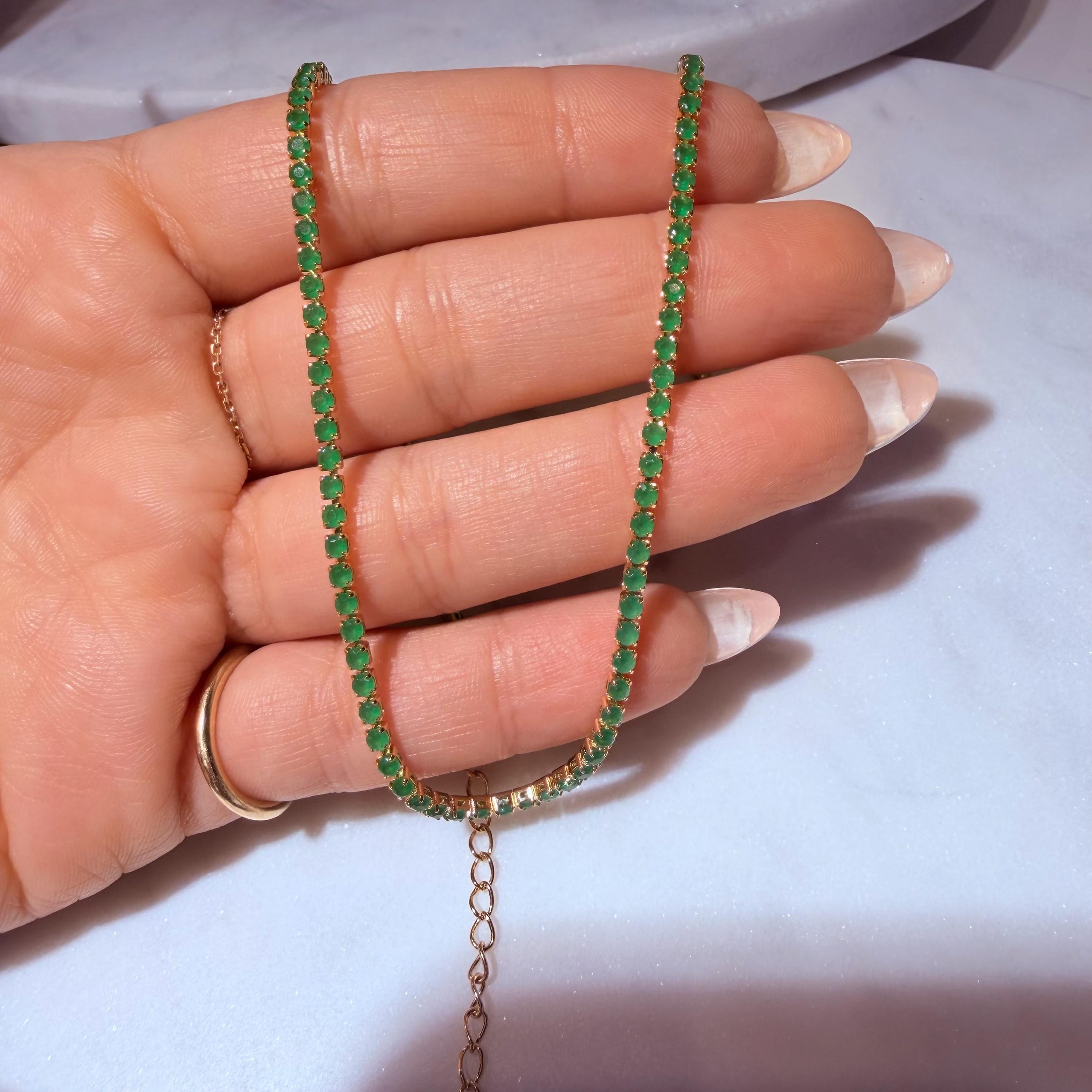 Green Emerald Tennis Necklace, 18K Gold Filled CZ Chain, Minimalist Everyday Jewelry 14+2”