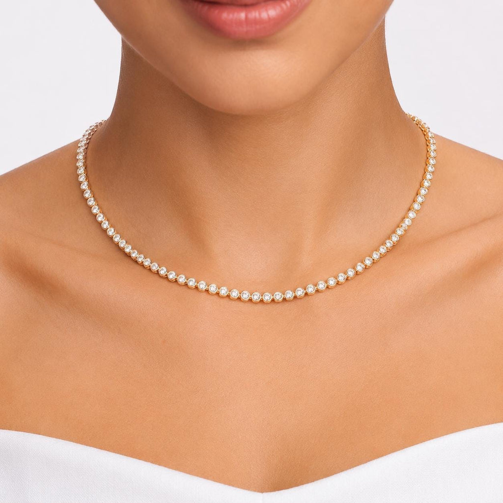 Bezeled Tennis Gold Chain Necklace with Clear Crystals , 18K Brazilian Gold Filled Yellow 16-18"