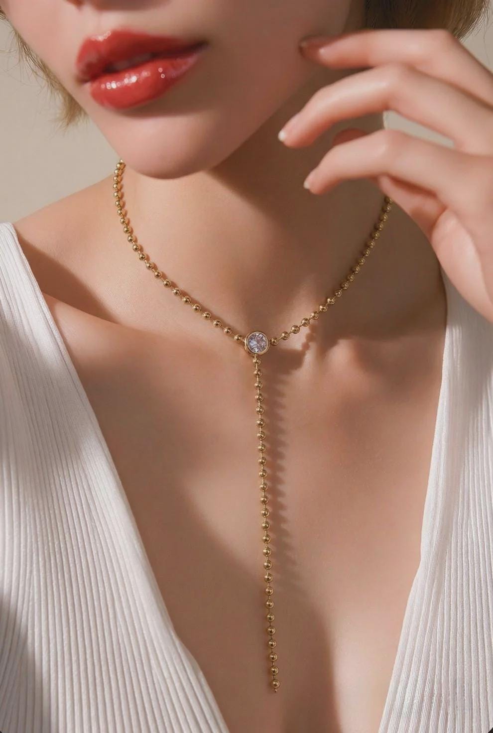 18K Gold Filled CZ Dangle Lariat Chain Necklace, Waterproof Tarnish Resistant Everyday Jewelry 16" Inches