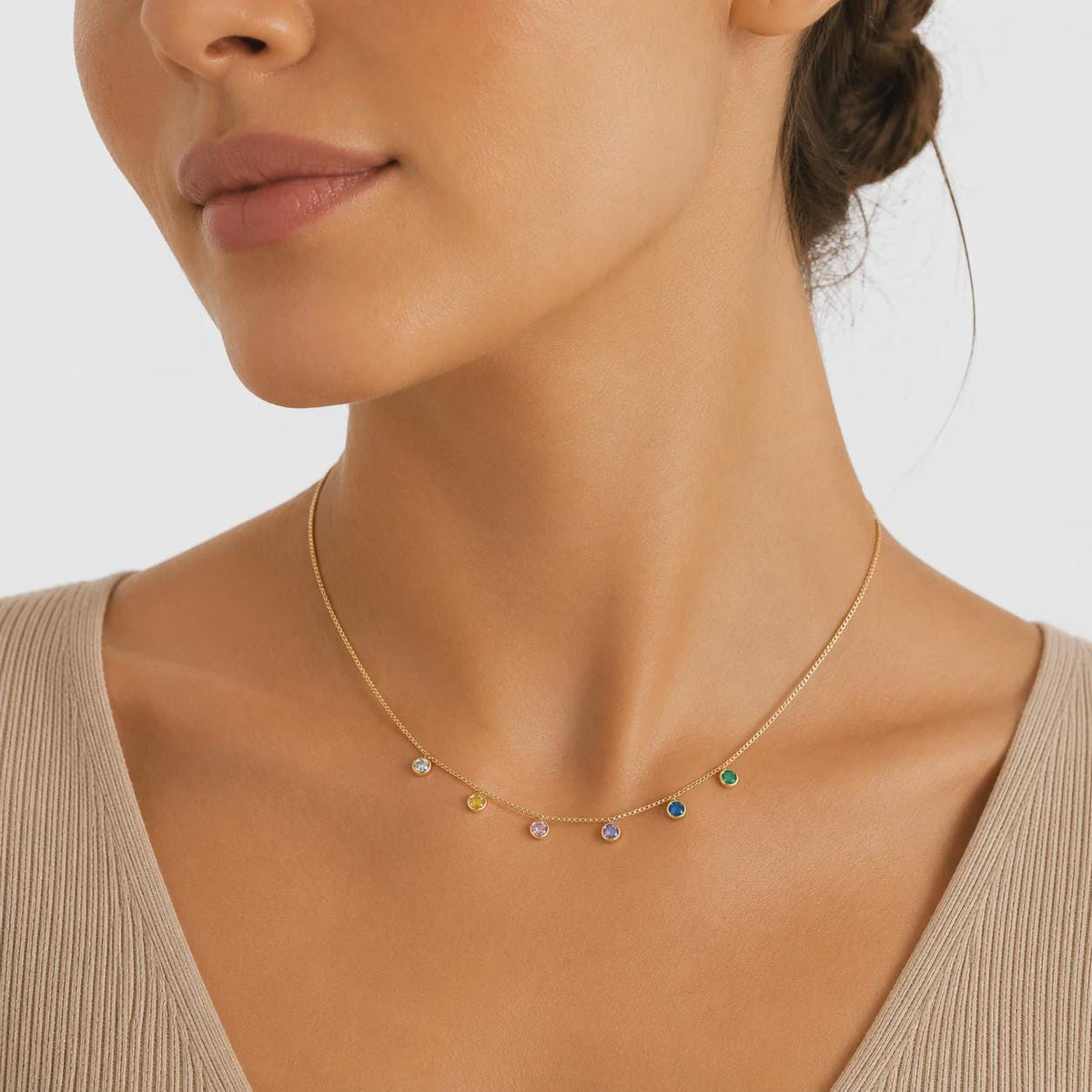 18K Gold Filled Dangling Rainbow Necklace , Waterproof Tarnish Resistant Everyday Jewelry 16+2" Inches