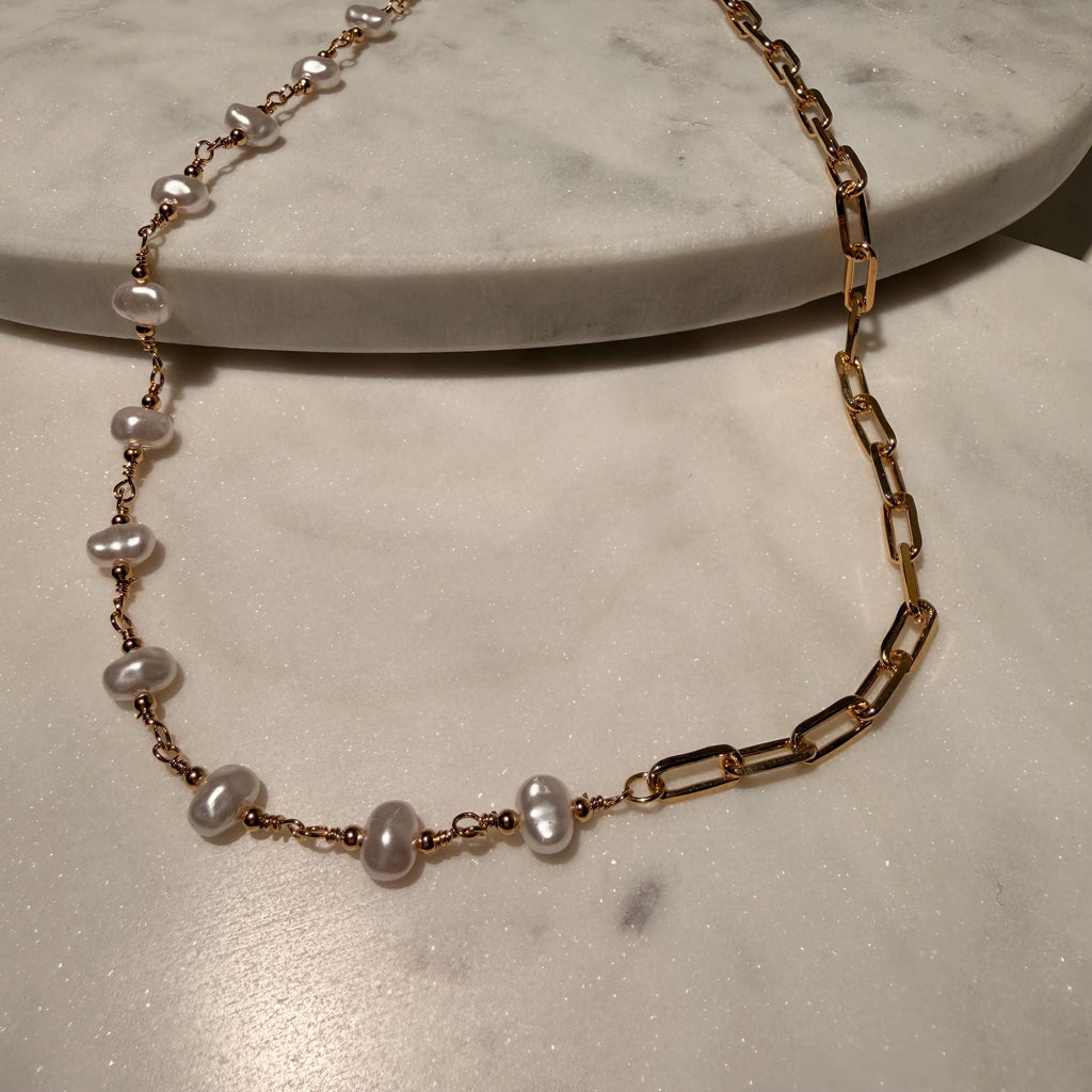 18K Gold Filled Paper Clip Pearl  Necklace, Waterproof Tarnish Resistant Everyday Jewelry 16-18" Inches