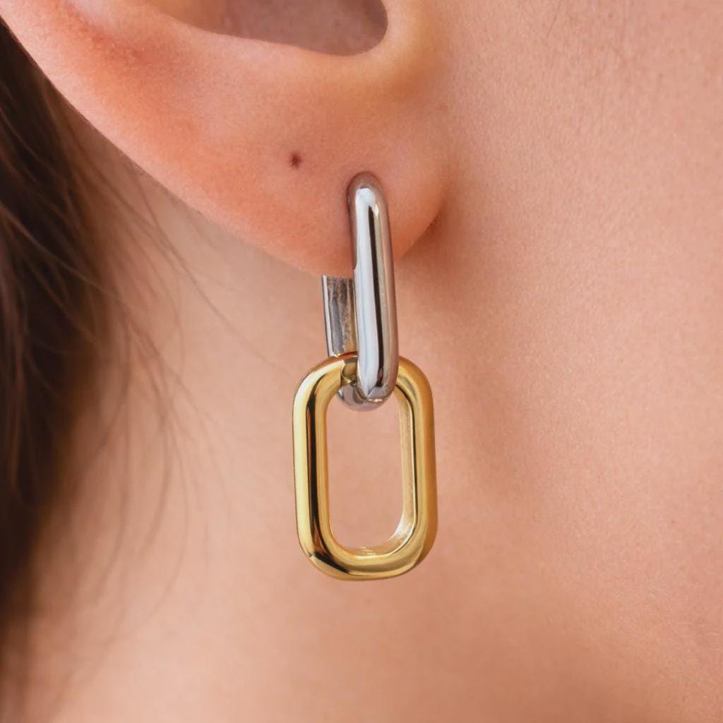18K Gold Filled Chunky , Everyday Jewelry, Two-Tone Paperclip Link Earrings Waterproof Tarnish Resistant