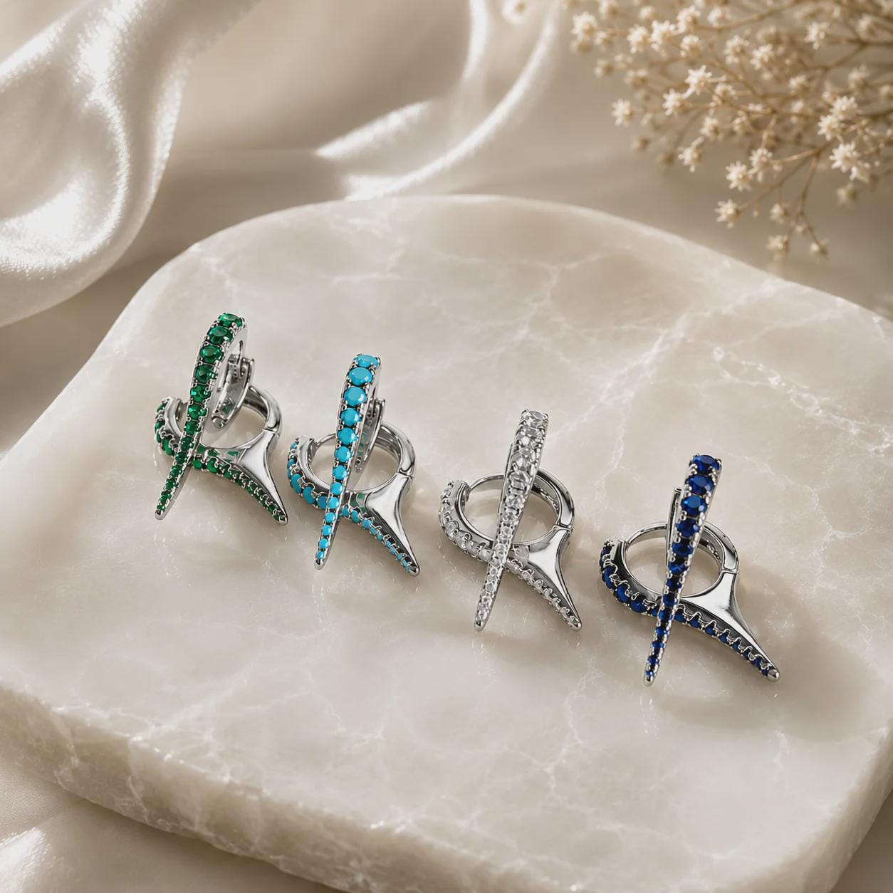 18K Gold Filled Colorful CZ Spike Earrings Huggies , Waterproof Tarnish Resistant
