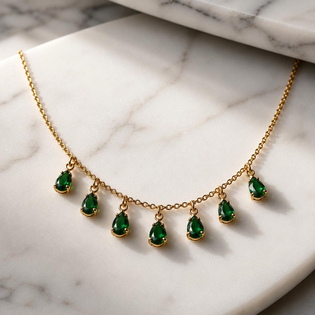18K Gold Filled Rolo Dangling Pear Shape Green Czs, Waterproof Tarnish Resistant Everyday Jewelry Necklace 16+2" Inches