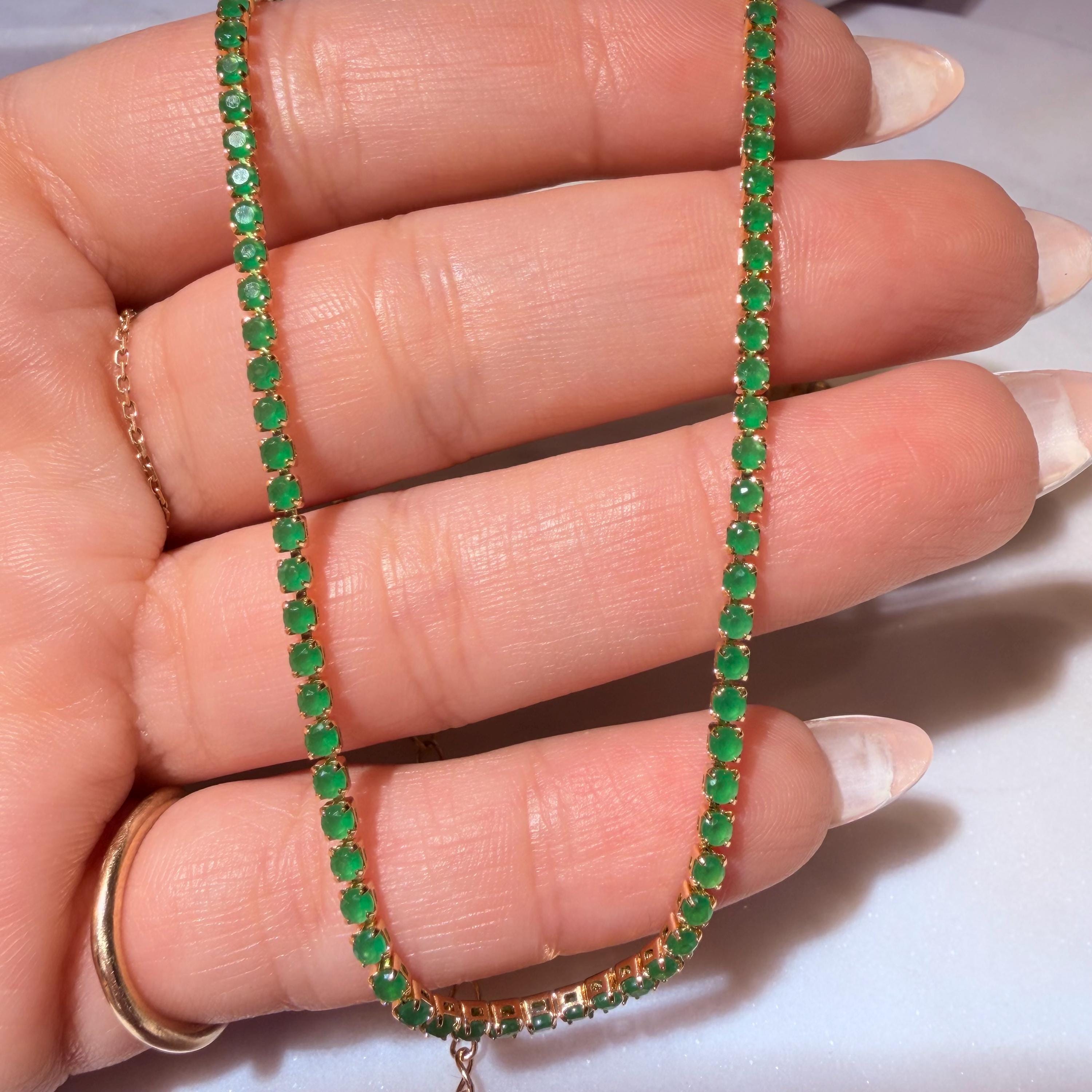 Green Emerald Tennis Necklace, 18K Gold Filled CZ Chain, Minimalist Everyday Jewelry 14+2”