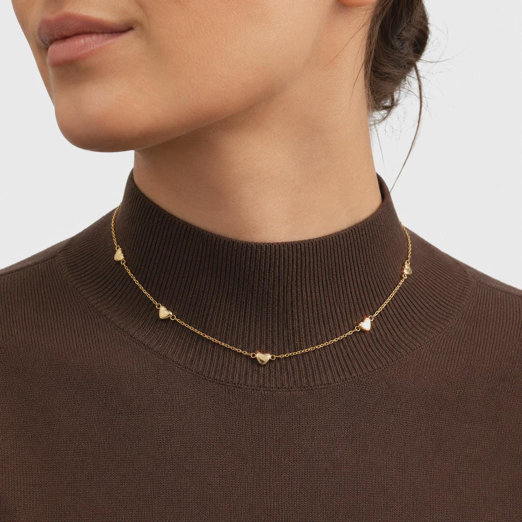 18K Gold Filled Heart Station Necklace, Waterproof Tarnish Resistant Everyday Jewelry 16+2" Inches