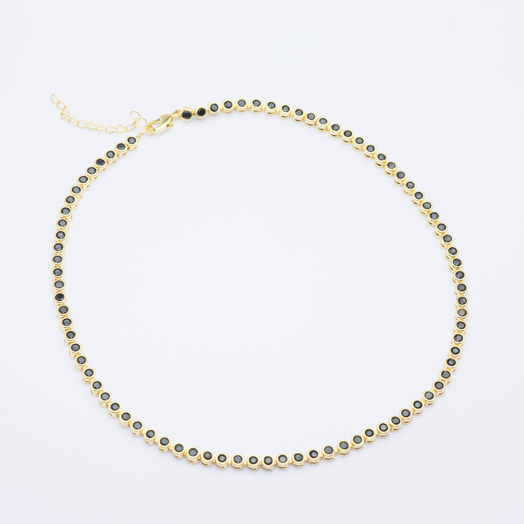 Bezeled Tennis Gold Chain Necklace with Clear Crystals , 18K Brazilian Gold Filled Yellow 16-18"