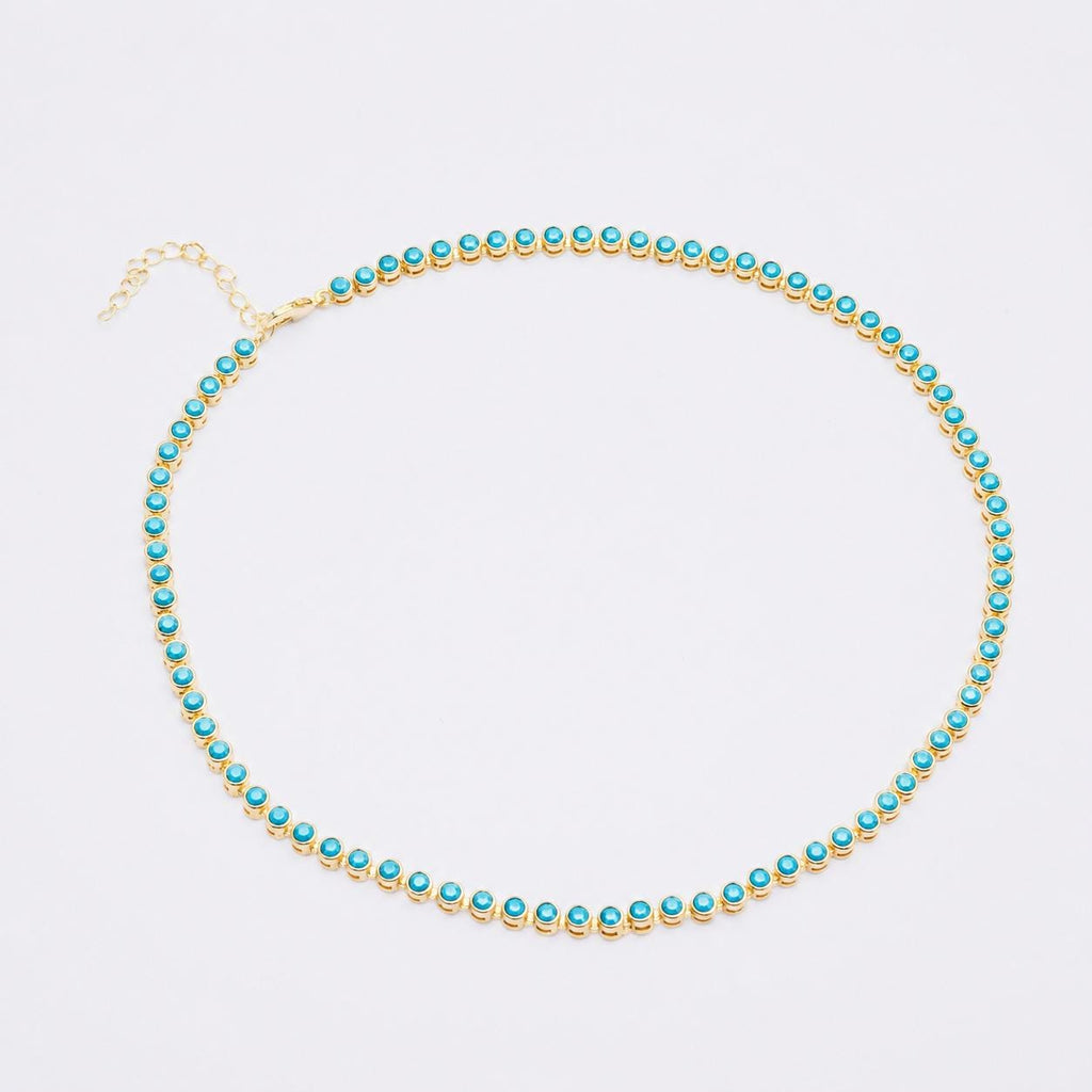 Bezeled Tennis Gold Chain Necklace with Turqouise, 18K Brazilian Gold Filled Yellow 16-18"