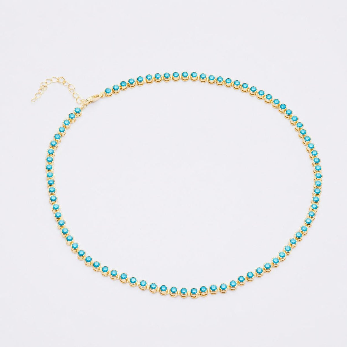 Bezeled Tennis Gold Chain Necklace with Turqouise, 18K Brazilian Gold Filled Yellow 16-18"