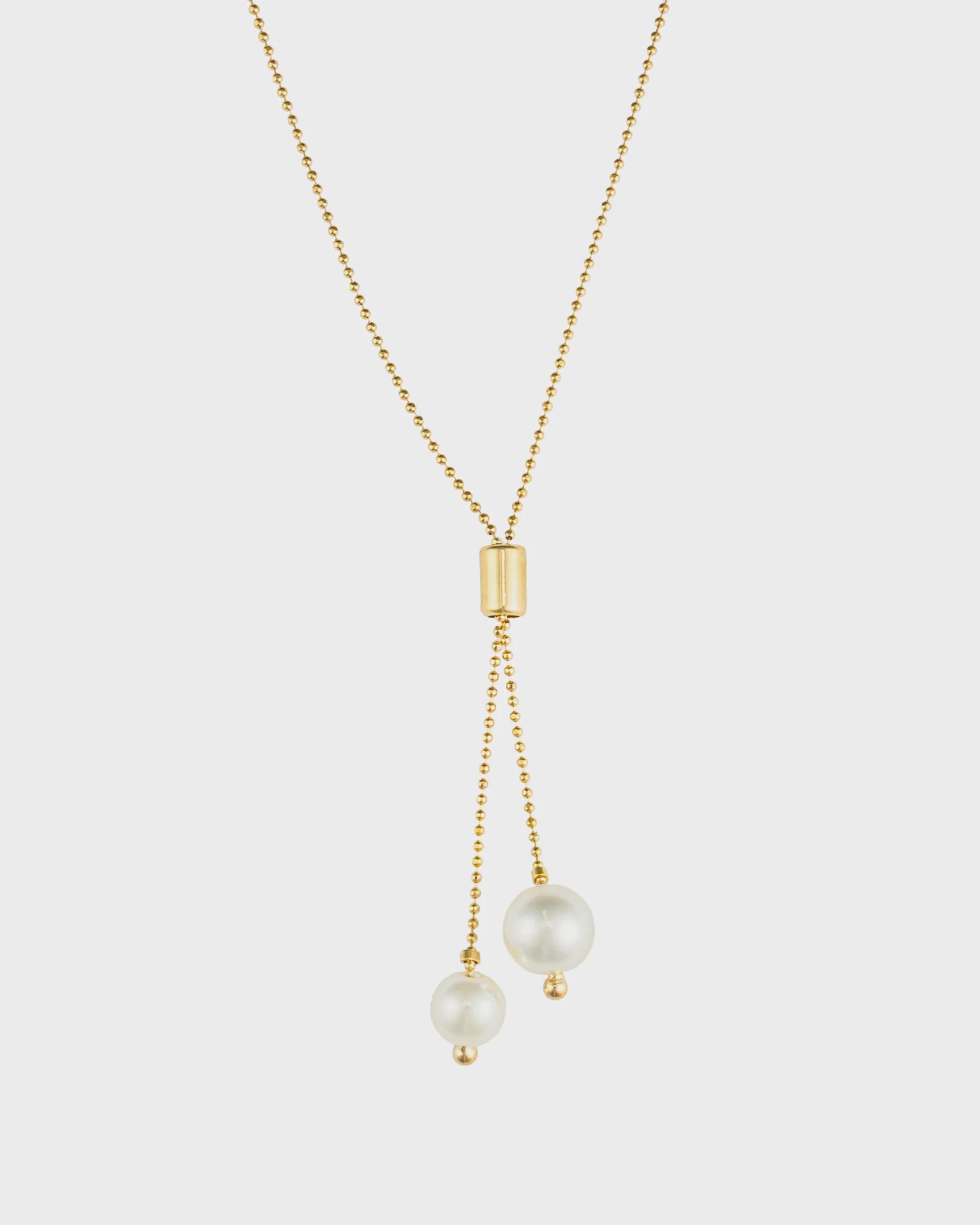 18K Gold Filled Pearl Dangle Lariat Chain Necklace, Waterproof Tarnish Resistant Everyday Jewelry 15" Inches