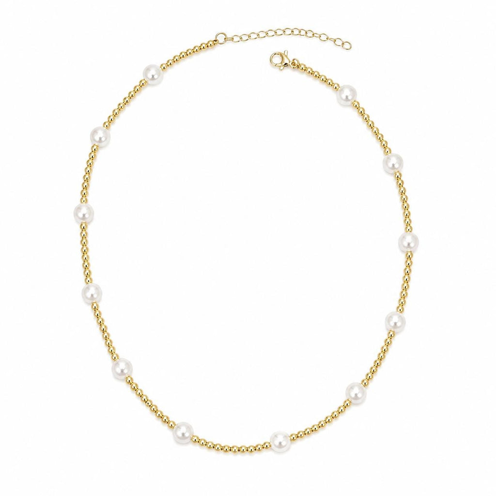 Gold Beaded Necklace with Classic Pearls , 18K Brazilian Gold Filled Yellow 16-18"
