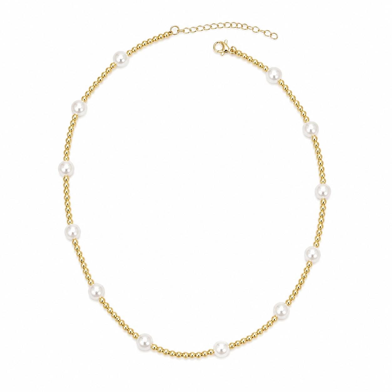 Gold Beaded Necklace with Classic Pearls , 18K Brazilian Gold Filled Yellow 16-18"