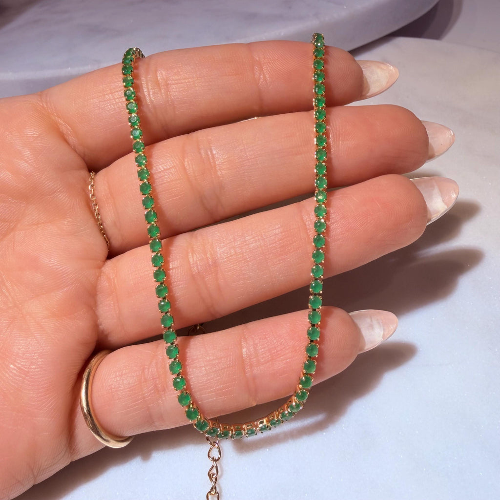 Green Emerald Tennis Necklace, 18K Gold Filled CZ Chain, Minimalist Everyday Jewelry 14+2”