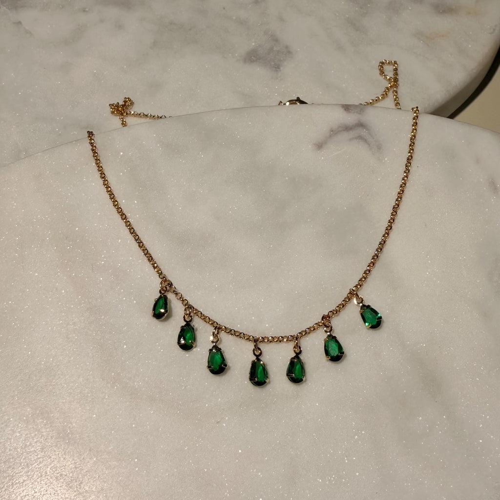 18K Gold Filled Rolo Dangling Pear Shape Green Czs, Waterproof Tarnish Resistant Everyday Jewelry Necklace 16+2" Inches