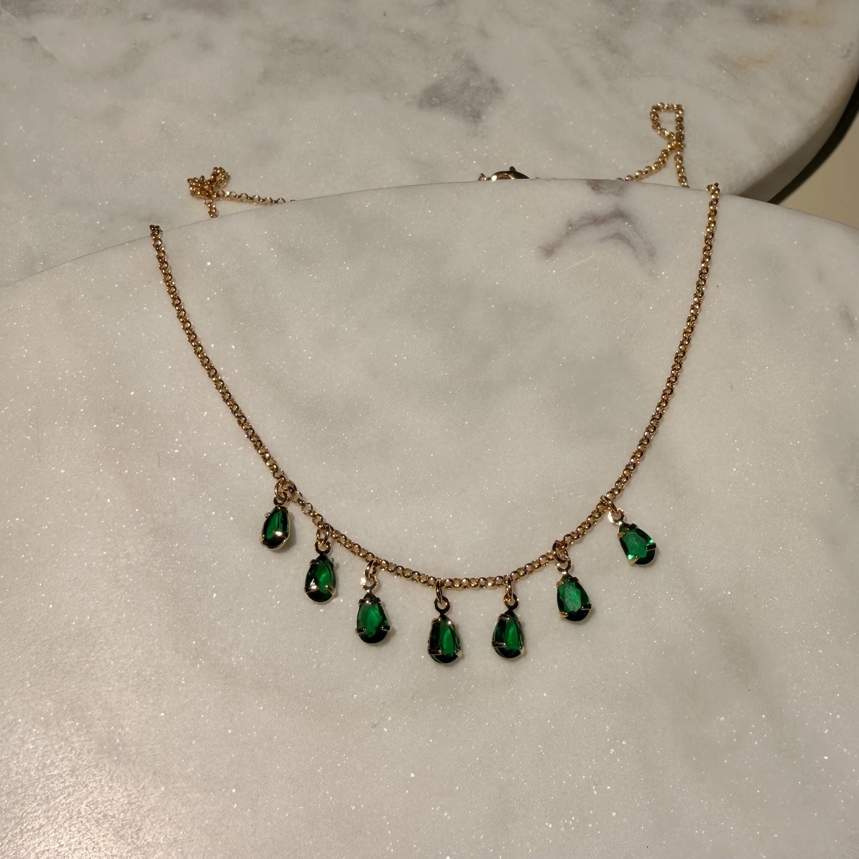18K Gold Filled Rolo Dangling Pear Shape Green Czs, Waterproof Tarnish Resistant Everyday Jewelry Necklace 16+2" Inches