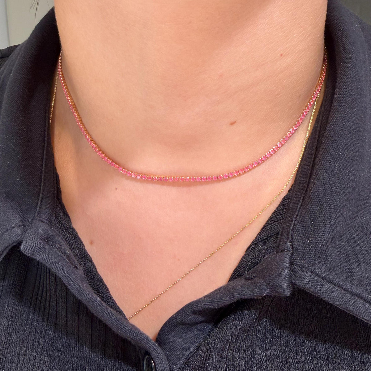 Pink Cubic Zirconia Tennis Necklace, 18K Gold Filled, Minimalist Everyday Jewelry