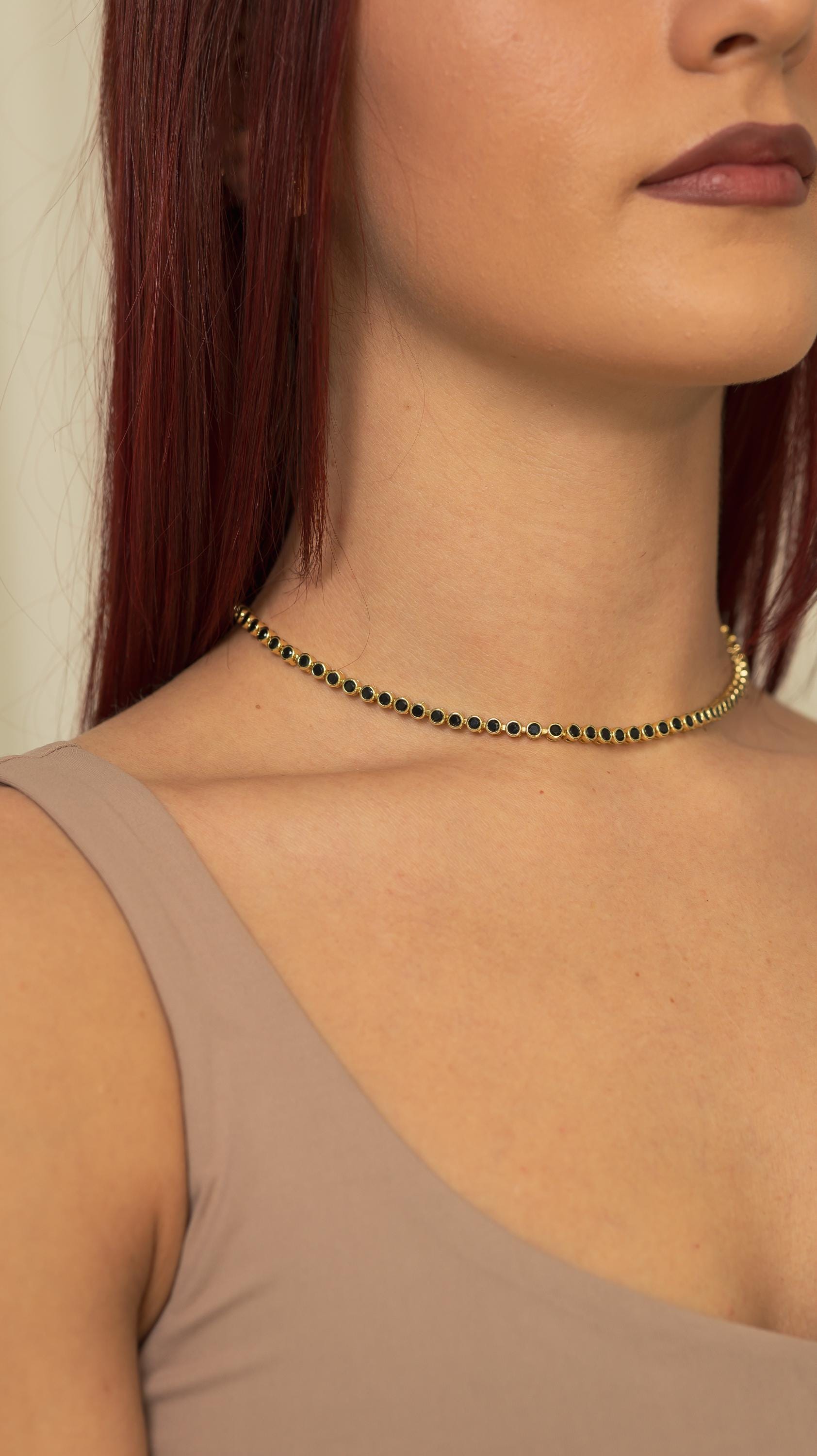 Bezeled Tennis Gold Chain Necklace with Clear Crystals , 18K Brazilian Gold Filled Yellow 16-18"