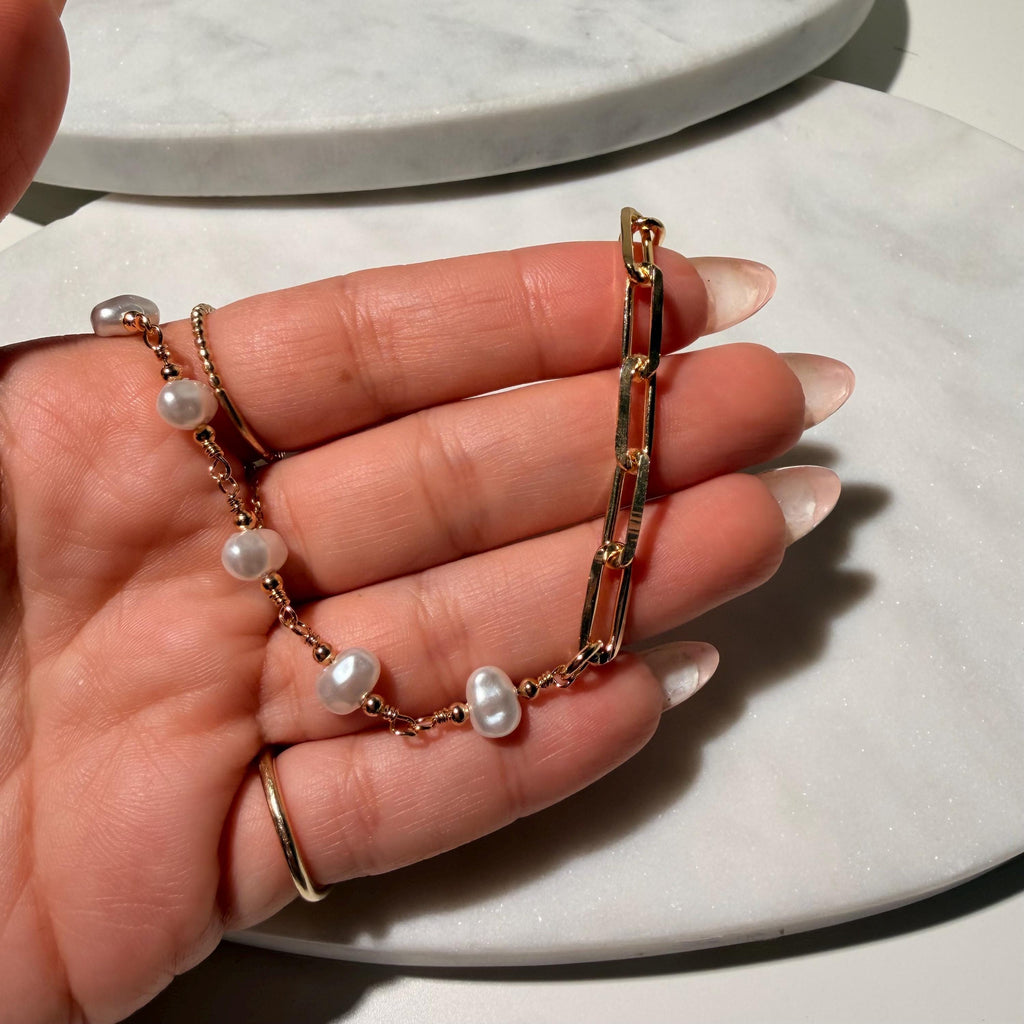 18K Gold Filled Paper Clip Pearl  Necklace, Waterproof Tarnish Resistant Everyday Jewelry 16-18" Inches