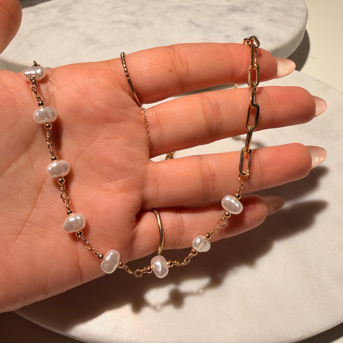 18K Gold Filled Paper Clip Pearl  Necklace, Waterproof Tarnish Resistant Everyday Jewelry 16-18" Inches