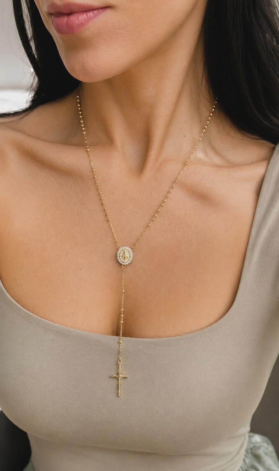 18K Gold Filled Rosary Necklace, Catholic Miraculous Medal Crucifix, Waterproof Tarnish Resistant 18"