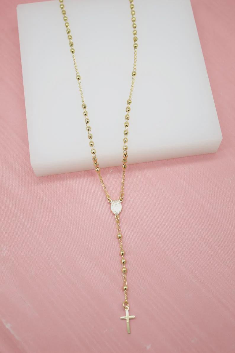 18K Gold Filled Rosary Necklace, Catholic Miraculous Medal Crucifix, Waterproof Tarnish Resistant